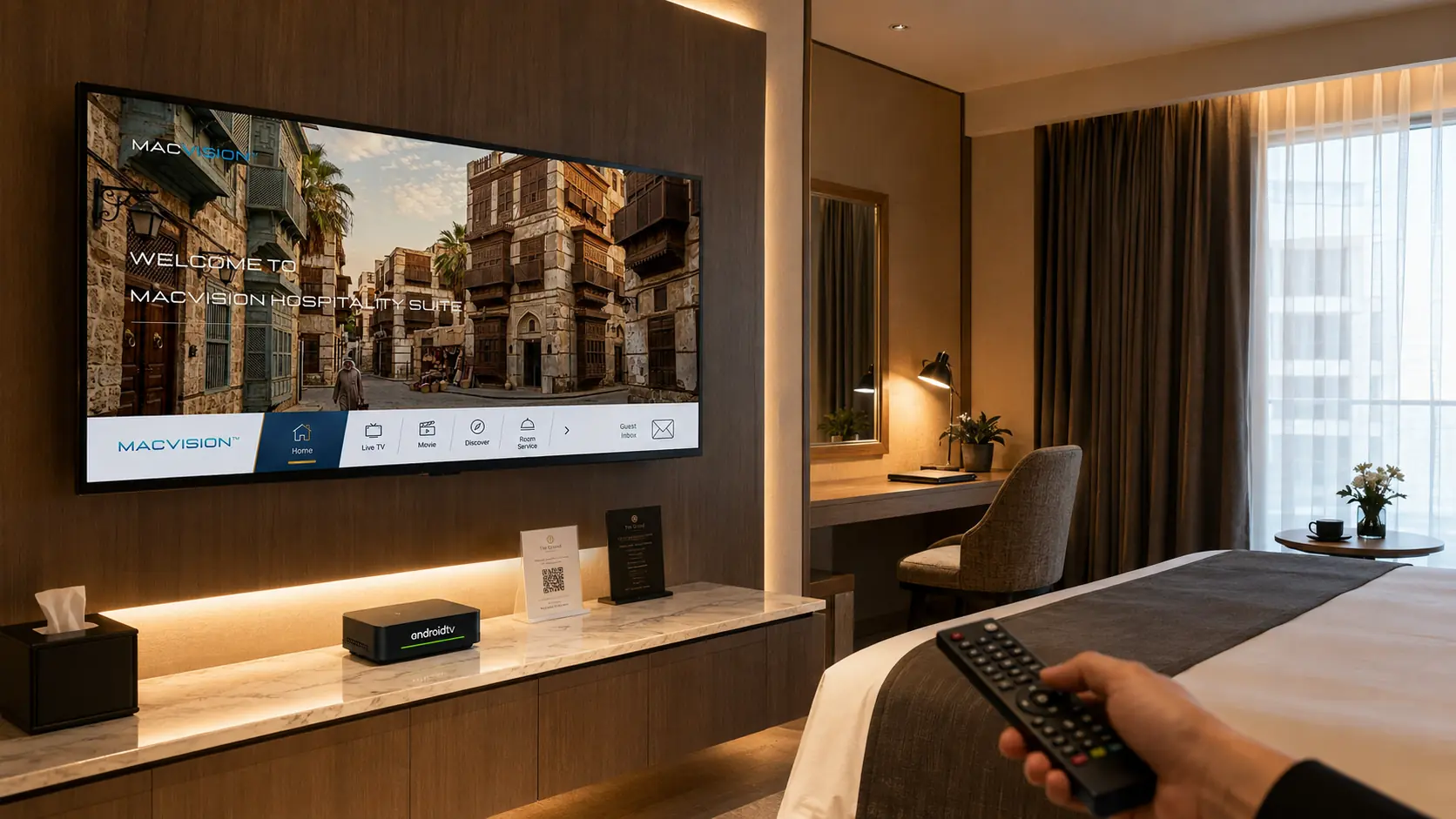 Android Smart TV IPTV interface with MACVISION UI in a hotel room